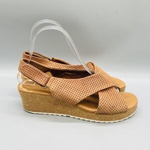 Paul Green Sandals Womens 9.5 Brown Leather Perforated Slingback Wedge Shoes